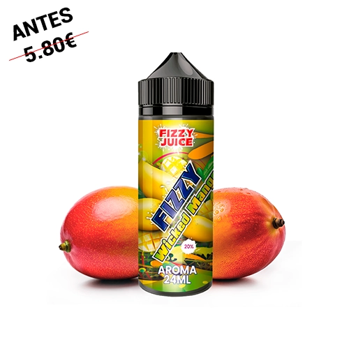Bote de Fizzy Juice Wicked Mango con tapón negro y etiqueta verde y amarilla de 24 ml, situado delante de unos mangos.