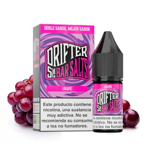 Frasco de Drifter Bar Salts Grape junto a su caja rosa y morada, con uvas alrededor y advertencia sobre nicotina en español.