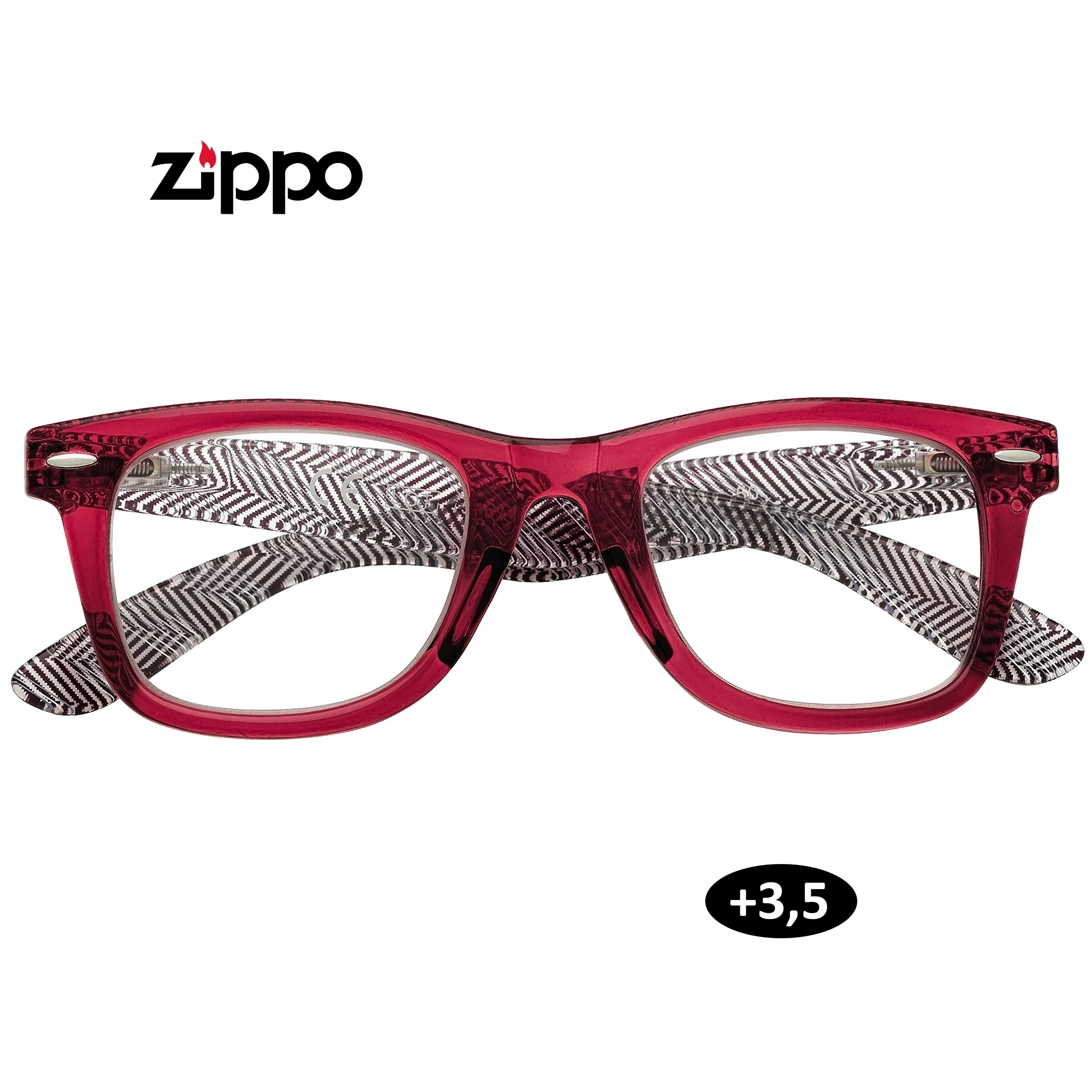 Gafas de lectura Zippo de graduación +3,5, con montura roja translúcida y patillas con dibujo en blanco y negro, vistas de frente.