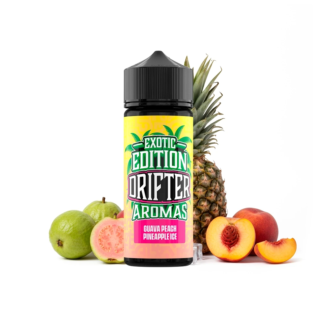 Bote Drifter Exotic Guava Peach Pineapple Ice con tapón negro y etiqueta amarilla y rosa, rodeado de guayabas, melocotón y piña.