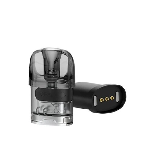 Cartucho Lost Vape E Plus RBA translúcido, mostrado de pie y tumbado para apreciar la boquilla y los contactos de la base.
