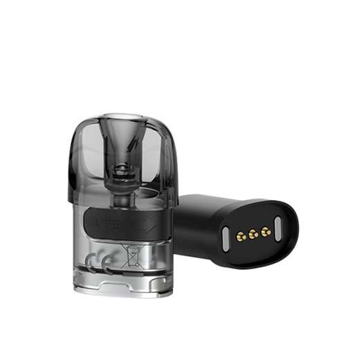 Cartucho Lost Vape E Plus RBA translúcido, mostrado de pie y tumbado para apreciar la boquilla y los contactos de la base.