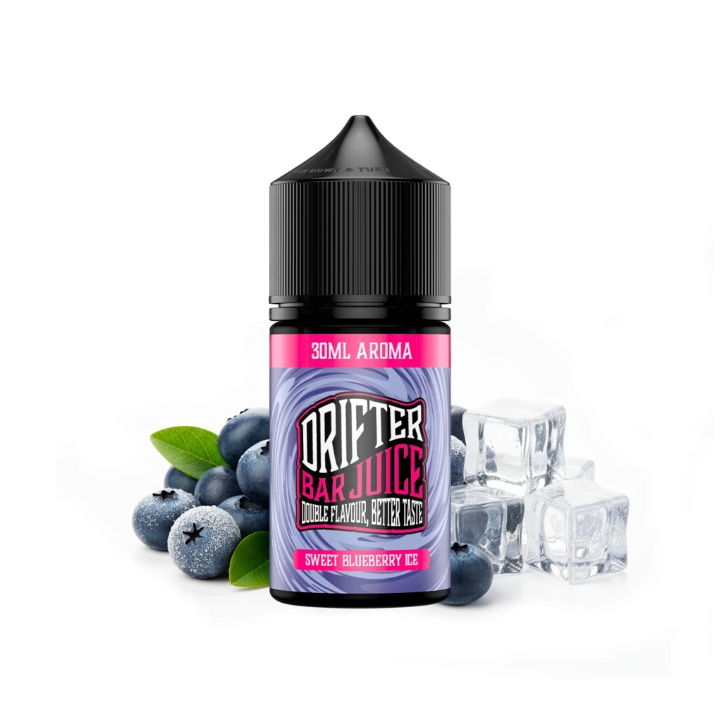 Bote de aroma Drifter Sweet Blueberry Ice de 30 ml con tapón negro y etiqueta violeta y rosa, junto a arándanos y cubitos de hielo.