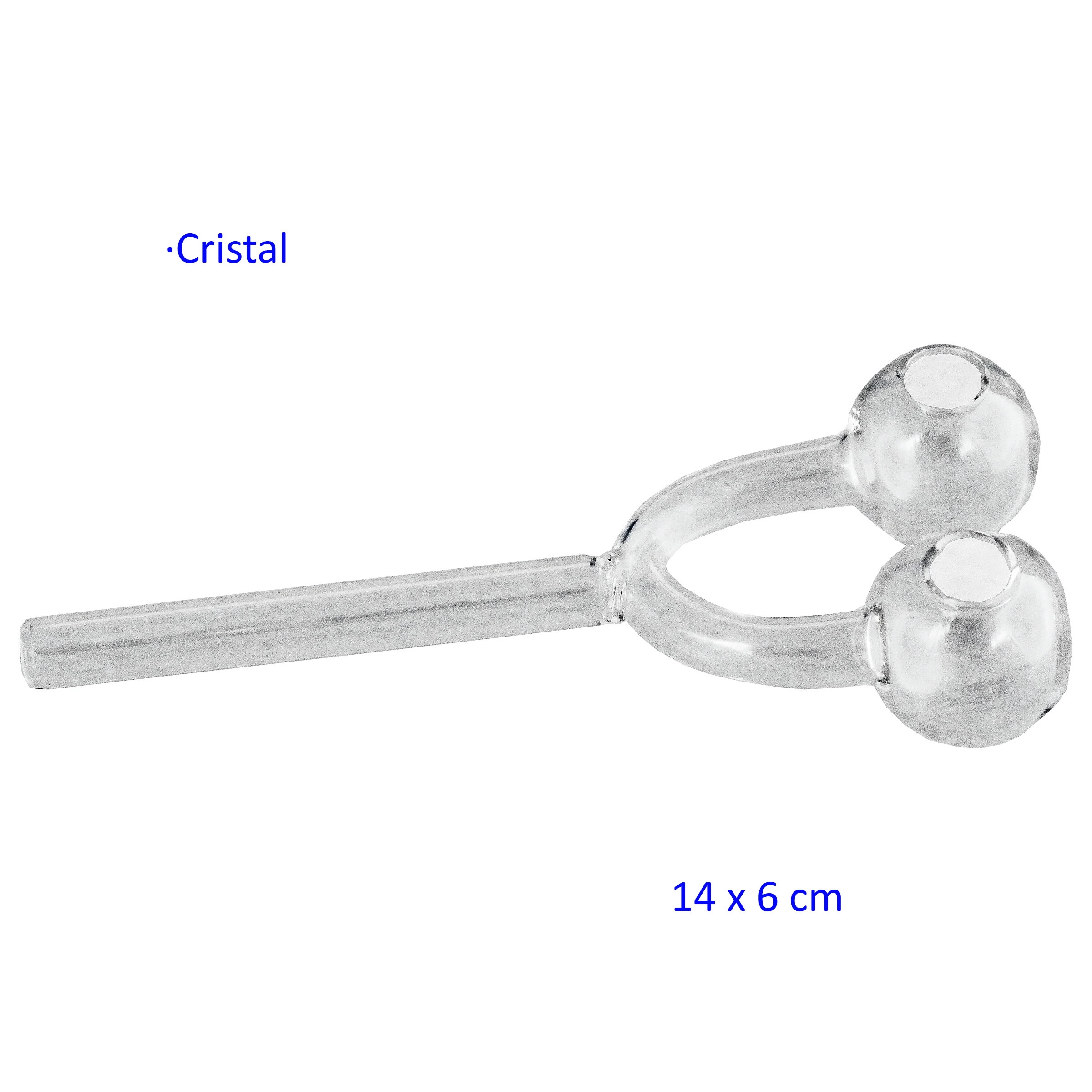 Pipa de cristal transparente con tubo recto que se bifurca hacia dos cazoletas esféricas con abertura superior, sobre fondo blanco.
