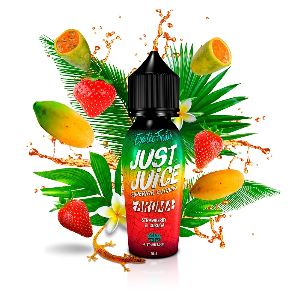 Frasco Just Juice Exotic Strawberry and Curuba de 20 ml con tapón negro, rodeado de fresas, curubas, hojas tropicales y salpicaduras naranjas.