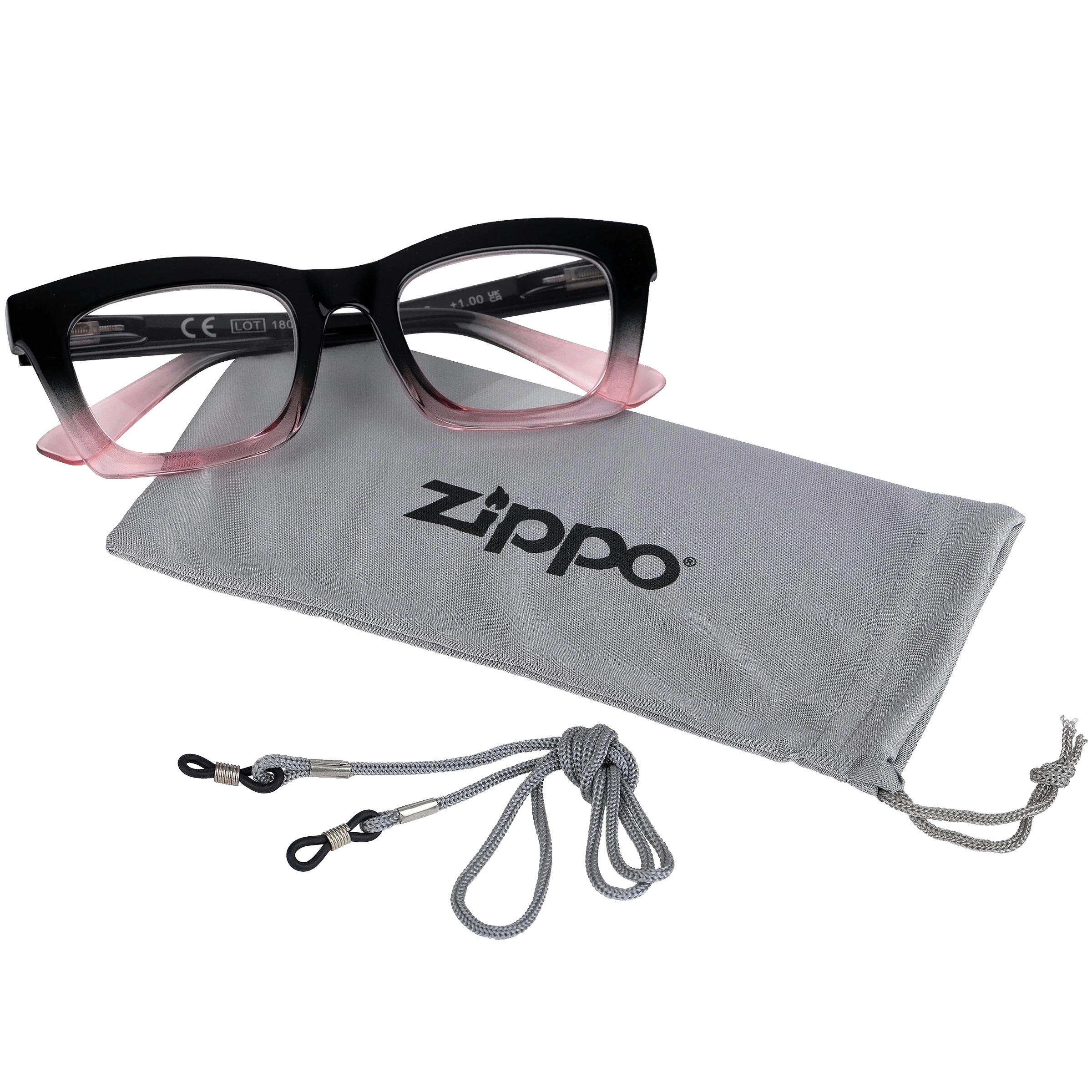 Funda gris con logotipo Zippo junto a unas gafas de montura negra y rosa y un cordón gris con enganches.
