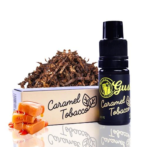 Frasco negro Mix&Go Caramel Tobacco junto a una caja del mismo nombre, con hojas de tabaco y caramelos sobre una superficie reflectante.