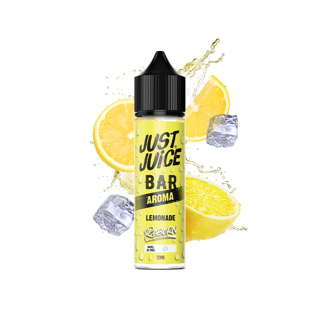 Frasco Just Juice Reborn Lemonade de 12 ml con etiqueta amarilla y tapón negro, rodeado de limones, hielo y salpicaduras.