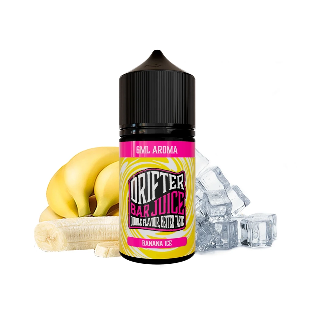 Frasco Drifter Bar Banana Ice con etiqueta amarilla y rosa de 6 ml de aroma y tapón negro, junto a plátanos y cubitos de hielo.