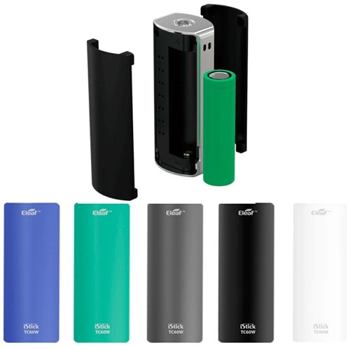 Selección de tapas Eleaf iStick TC60W en azul, verde, gris, negro y blanco, con vista superior del dispositivo abierto y una batería separada.