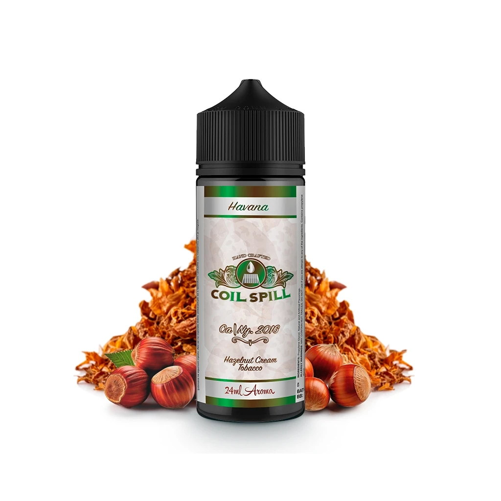 Bote Coil Spill Havana Longfill con tapón negro y etiqueta «24 ml Aroma», acompañado de avellanas y hojas de tabaco desmenuzadas.
