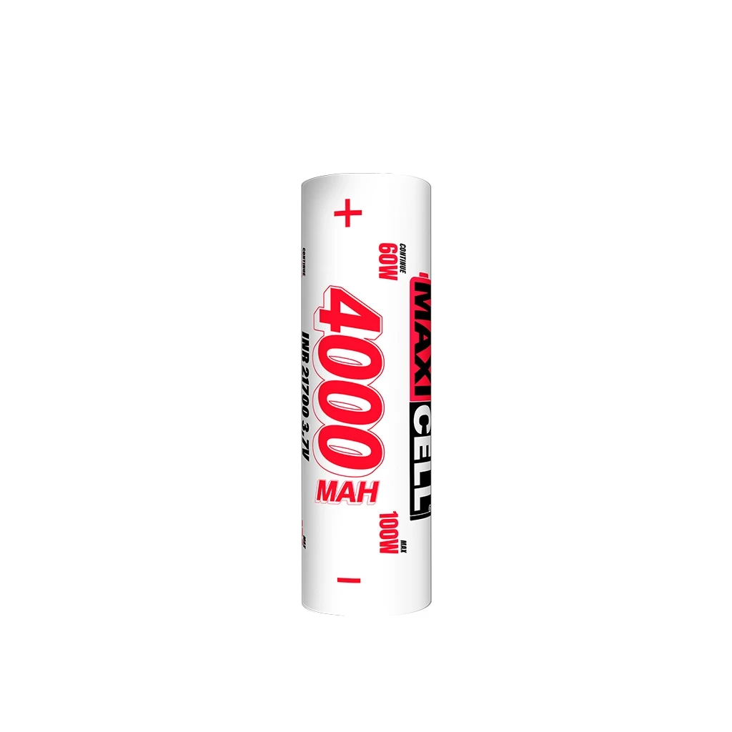 Batería cilíndrica Maxicell INR 21700 blanca, con inscripción roja de 4000 mAh, marcas de polaridad y textos de 60 W y 100 W. Batería cilíndrica Maxicell INR 21700 blanca, con inscripción roja de 4000 mAh, marcas de polaridad y textos de 60 W y 100 W.
