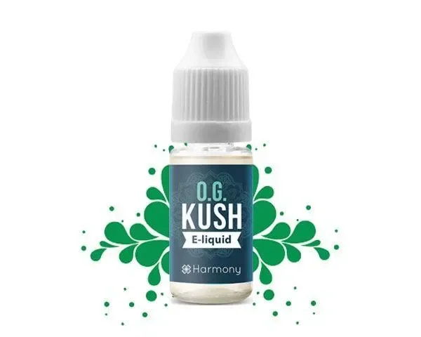 Frasco de e-líquido con tapón blanco y etiqueta azul verdosa que muestra O.G. Kush y Harmony, ante un motivo gráfico verde.