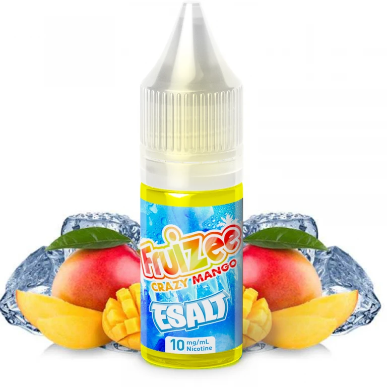 Frasco Fruizee Crazy Mango E-Salt con tapón translúcido y etiqueta de 10 mg/ml de nicotina, rodeado de mangos y hielo.