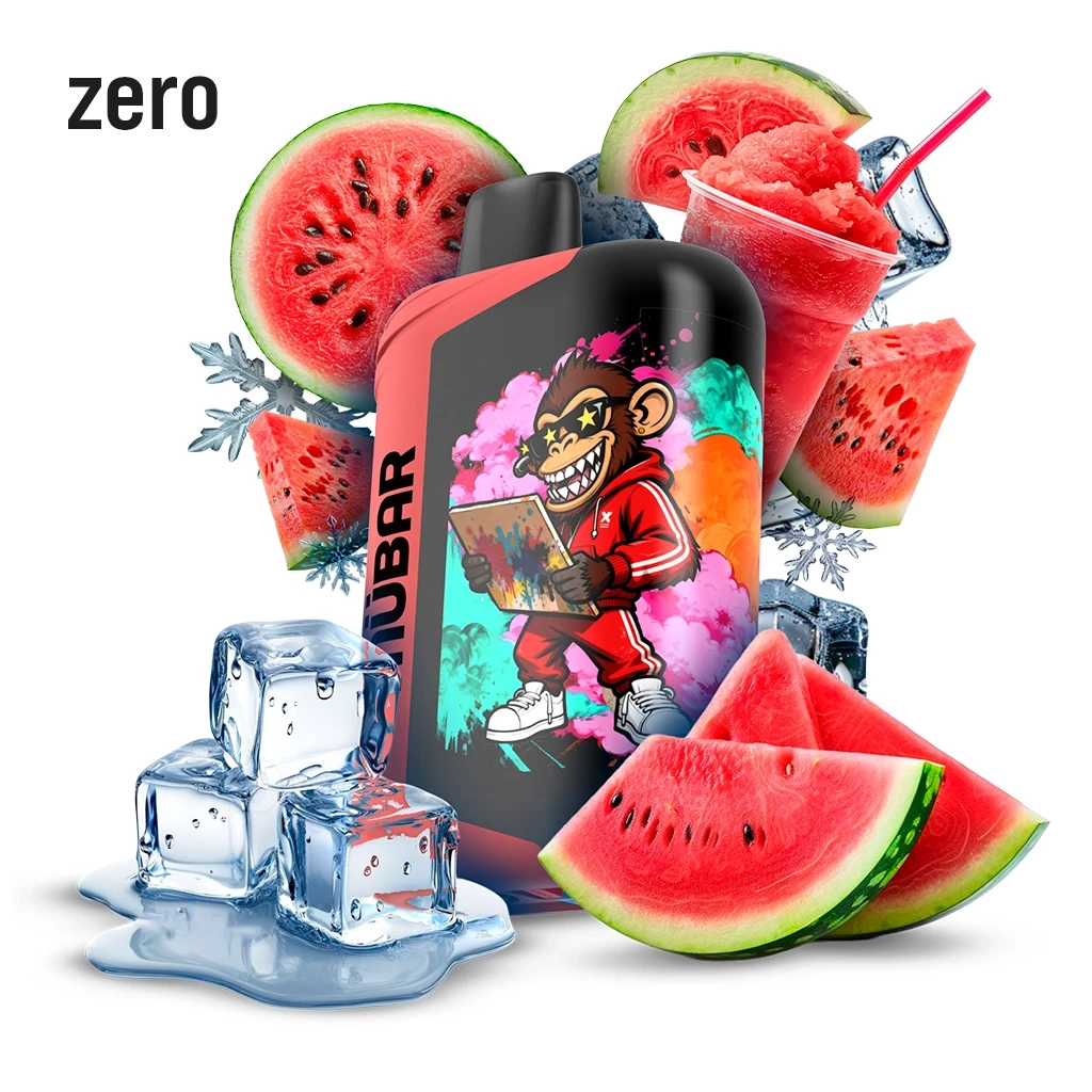 Vaper Mübar Watermelon Ice negro y rojo con un mono ilustrado, rodeado de sandía, cubitos de hielo y un granizado rojo.