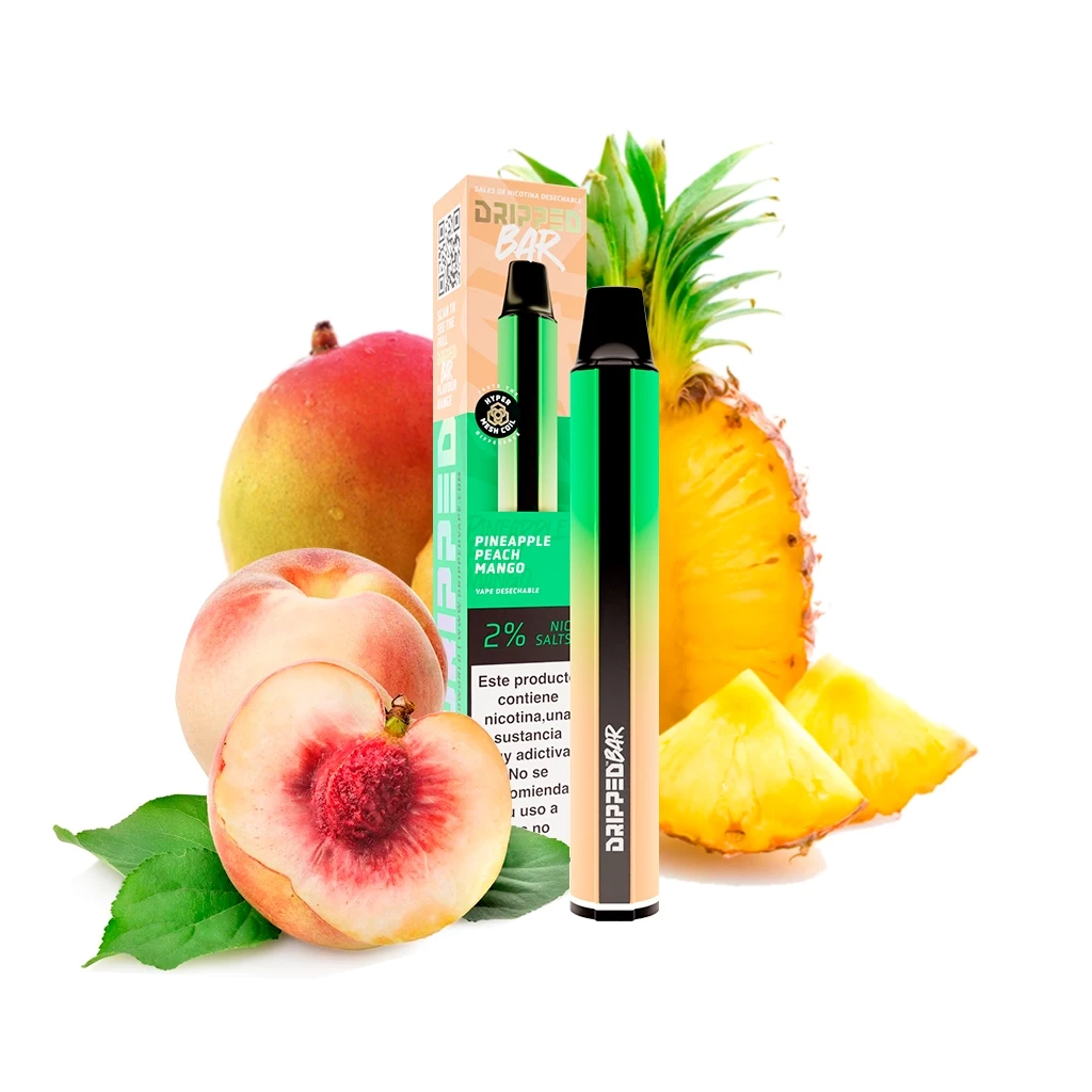 Vaper Dripped Bar Pineapple Peach Mango con degradado verde y amarillo y boquilla negra, junto a su caja, piña, melocotón y mango.