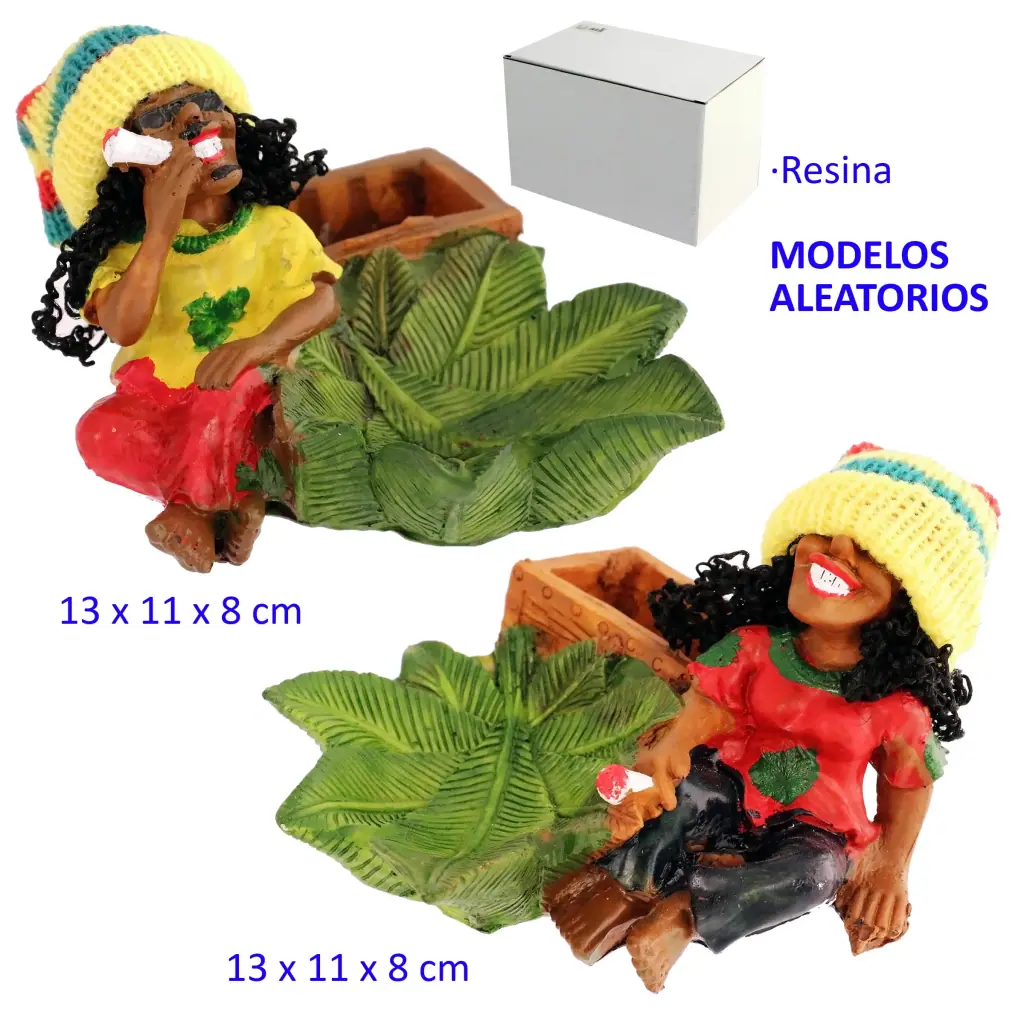Modelos de cenicero con forma de hoja verde y figuras con gorros de colores y cigarrillos; el texto indica modelos aleatorios.
