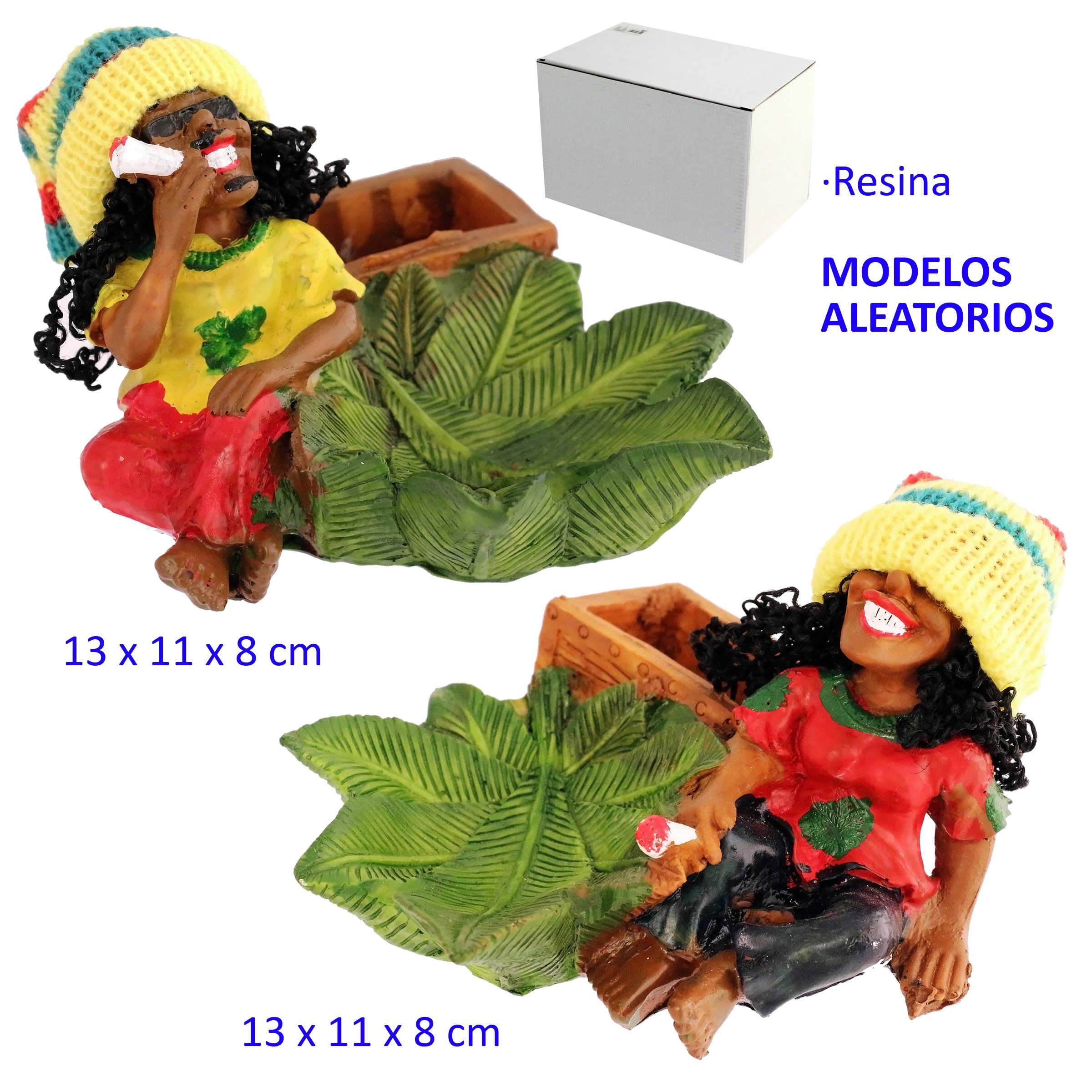 Modelos de cenicero con forma de hoja verde y figuras con gorros de colores y cigarrillos; el texto indica modelos aleatorios.
