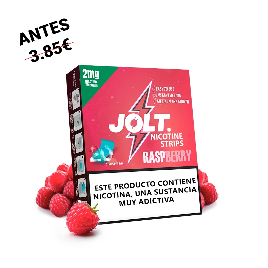 Caja roja de Jolt Strips Raspberry de 2 mg, rodeada de frambuesas y con una advertencia en español sobre la adicción a la nicotina.