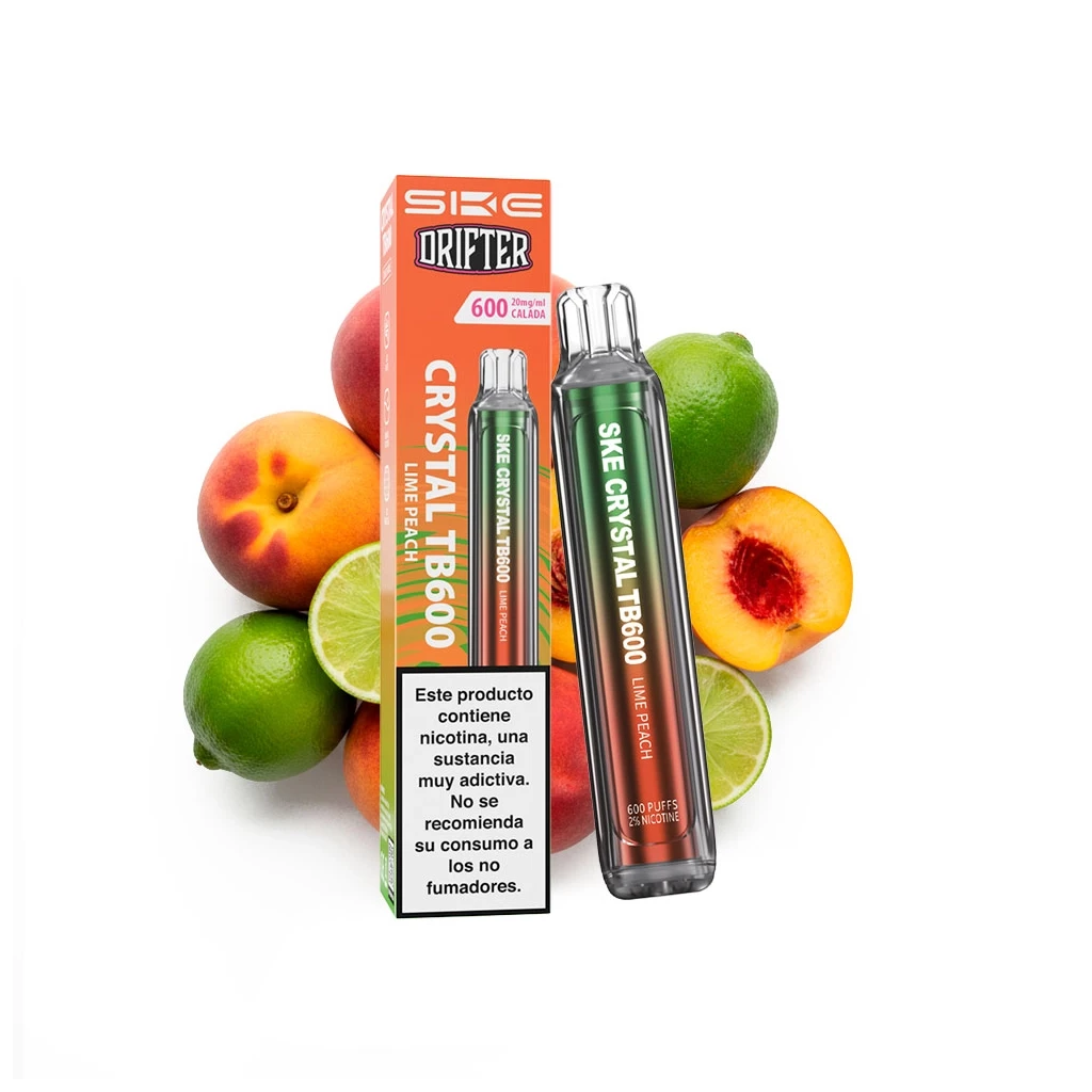 Vaper SKE x Drifter Crystal TB600 Lime Peach junto a su caja naranja, con limas, melocotones y advertencia sobre la nicotina.