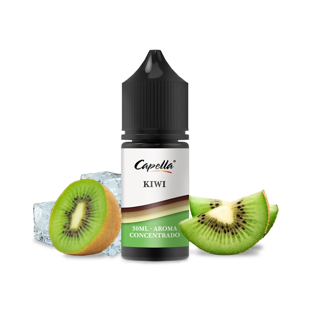 Frasco de Kiwi Aroma Capella con tapón negro y etiqueta de 30 ml de aroma concentrado, acompañado de kiwi cortado y cubitos de hielo.