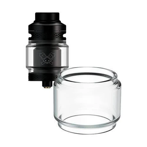 Cristal de recambio abombado Hellvape Dead Rabbit V2 RTA en primer plano, con el atomizador negro detrás, sobre fondo blanco.