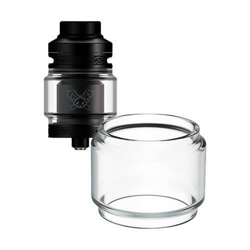Cristal de recambio abombado Hellvape Dead Rabbit V2 RTA en primer plano, con el atomizador negro detrás, sobre fondo blanco.