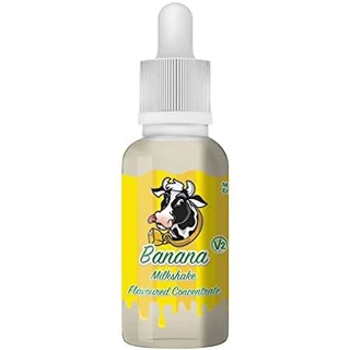 Frasco de aroma Banana Milkshake con cuentagotas blanco y etiqueta amarilla con una vaca ilustrada y el distintivo V2.