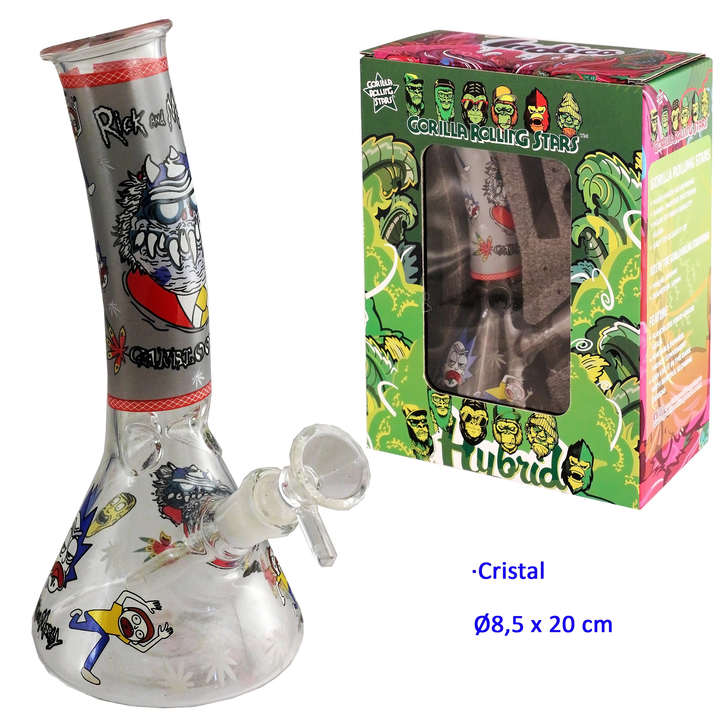 Bong de cristal Hybrid con base ancha, cazoleta lateral y dibujos multicolores de personajes, junto a una caja verde con ventana.