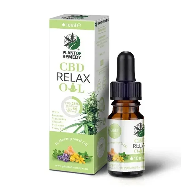 Aceite CBD Relax en frasco ámbar con cuentagotas negro junto a su caja blanca y verde, rotulada con 10 ml, CBD 25 % y CBG 5 %.