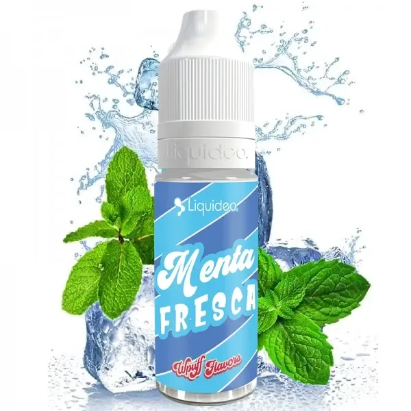 Frasco de Menta Fresca Liquideo Wpuff Flavors con tapón blanco y etiqueta azul, rodeado de hojas de menta, hielo y salpicaduras.