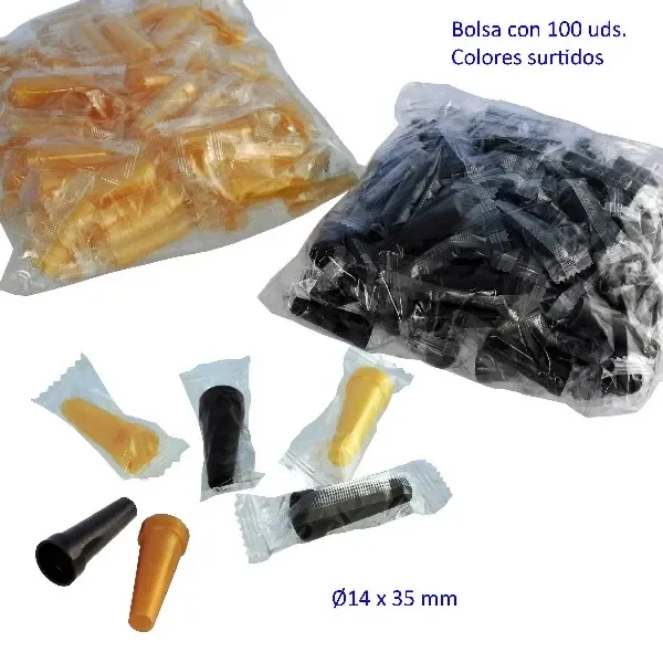 Boquillas para cachimba doradas y negras en bolsas transparentes, con varias unidades sueltas y otras envueltas individualmente. Boquillas para cachimba doradas y negras en bolsas transparentes, con varias unidades sueltas y otras envueltas individualmente.