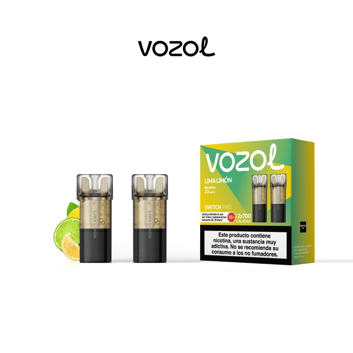 Pods Vozol Switch Pro Lima Limón con boquilla transparente y base negra, junto a su caja verde y amarilla y rodajas de cítricos.
