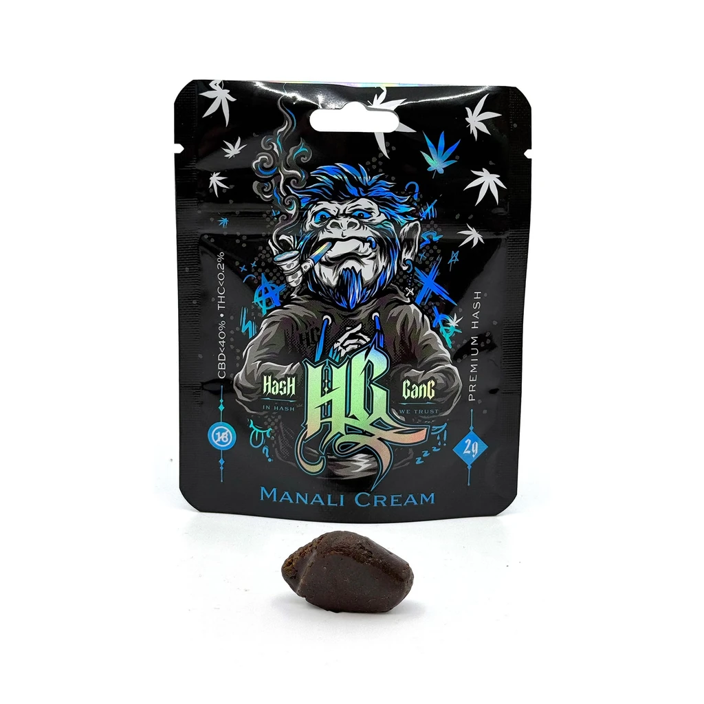 Bolsa negra Hash Gang Manali Cream con un simio ilustrado en azul y verde, y una porción marrón oscura delante sobre fondo blanco.