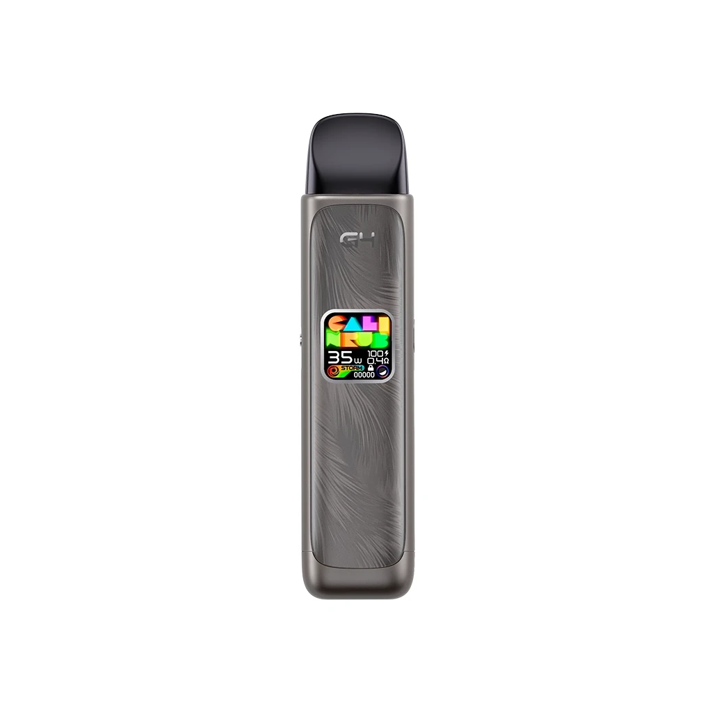 Uwell Caliburn G4 gris con panel de textura ondulada, pantalla a color y boquilla negra, visto de frente sobre fondo blanco.