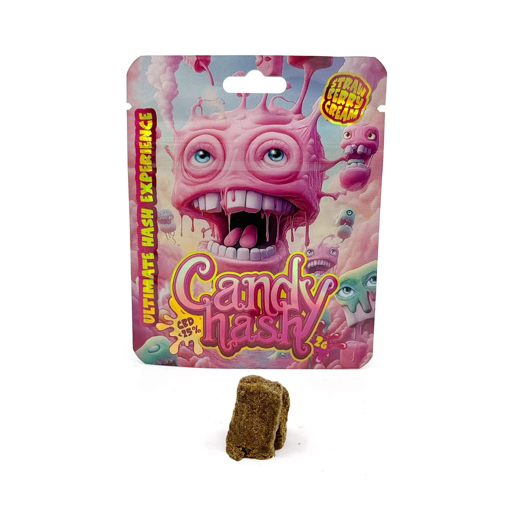 Bolsa Candy Hash Strawberry Cream con personajes rosas, textos CBD 25 % y 2 g, y una pieza marrón de textura granulada delante.