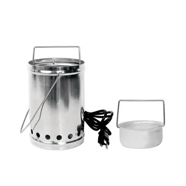 Calentador de azufre Pure Factory de cuerpo cilíndrico plateado, con asa, cable eléctrico y recipiente separado con asa. Calentador de azufre Pure Factory de cuerpo cilíndrico plateado, con asa, cable eléctrico y recipiente separado con asa.