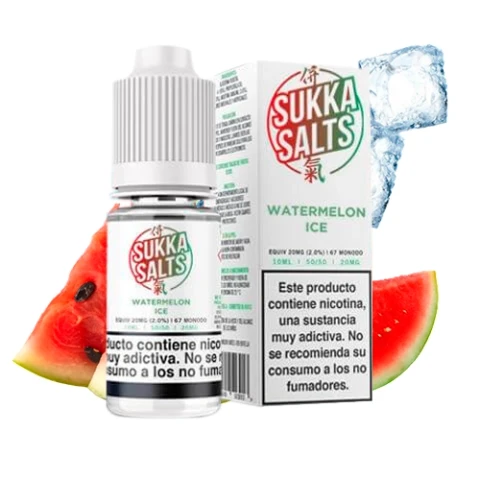 Frasco y caja de Sukka Salts Watermelon Ice con advertencia sobre nicotina, acompañados de rodajas de sandía y cubitos de hielo.