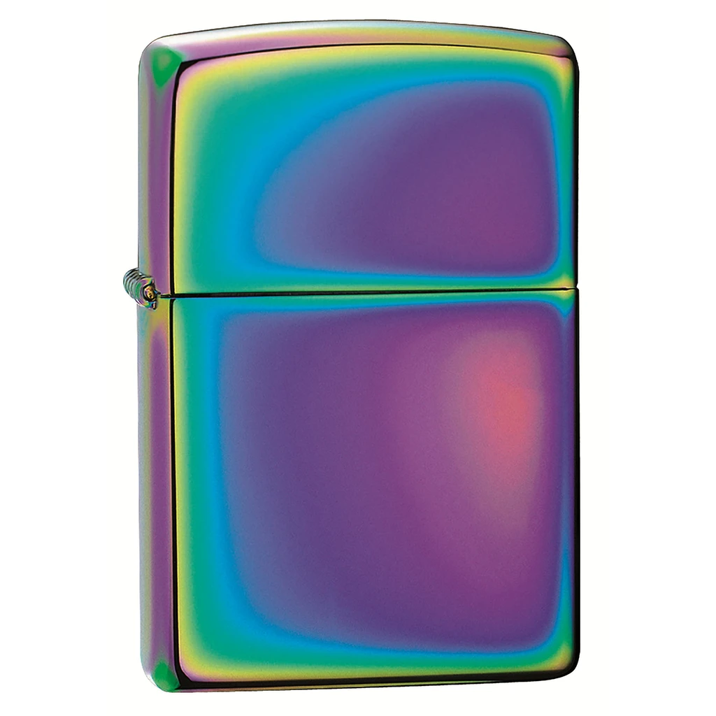 Encendedor Zippo Spectrum Rainbow cerrado, con acabado iridiscente en tonos violetas, azules, verdes y dorados sobre fondo blanco.