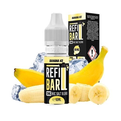 Frasco Refill Bar Salts Banana Ice de 10 ml junto a su caja, con etiquetas negras y amarillas, plátanos y cubitos de hielo.
