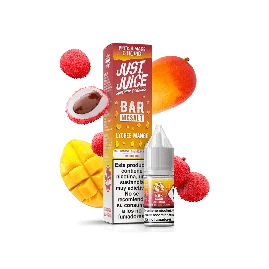 Frasco y caja de Just Juice Bar Salts Lychee Mango, rodeados de lichis enteros y abiertos y mango entero y cortado.