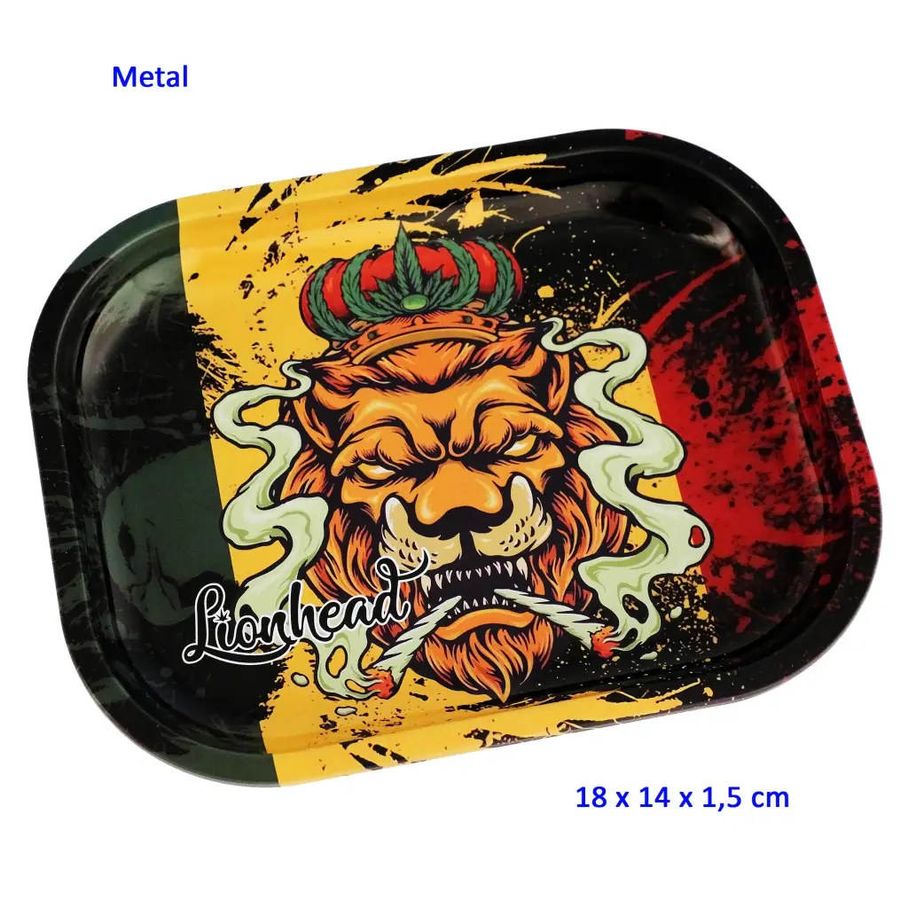 Bandeja para liar Lionhead con bordes redondeados y un león amarillo coronado entre volutas, sobre un fondo verde, amarillo, rojo y negro.