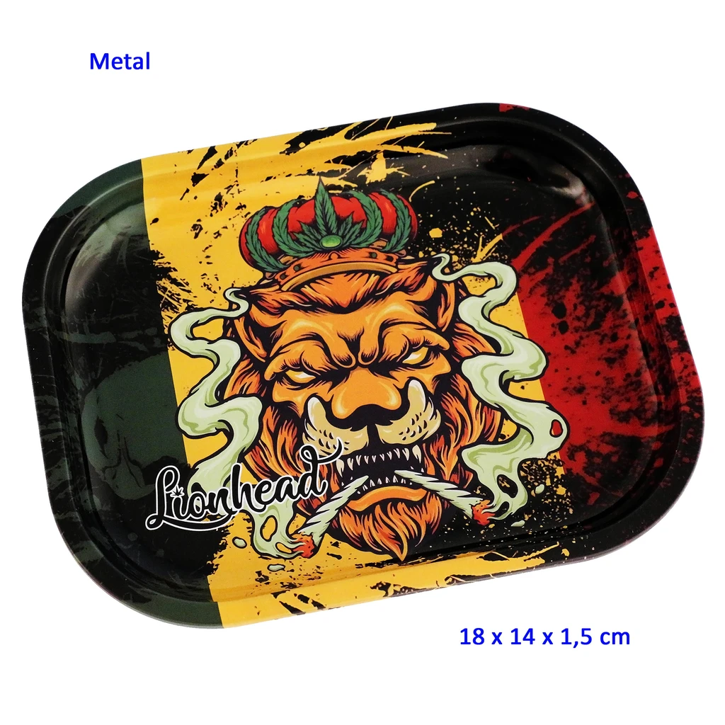 Bandeja para liar Lionhead con bordes redondeados y un león amarillo coronado entre volutas, sobre un fondo verde, amarillo, rojo y negro.