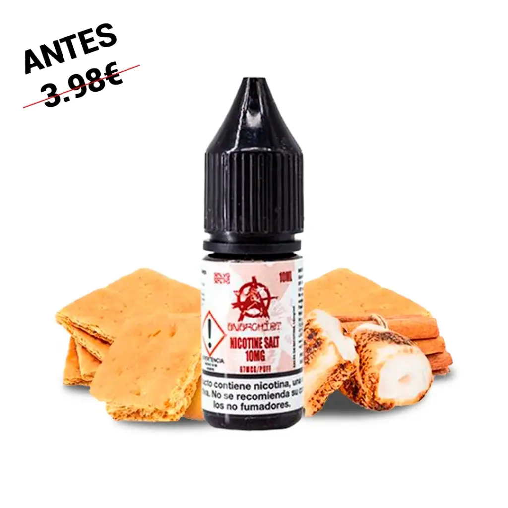 Frasco de Anarchist Salts White con tapón negro y etiqueta blanca y roja, acompañado de galletas y nubes tostadas sobre fondo blanco.