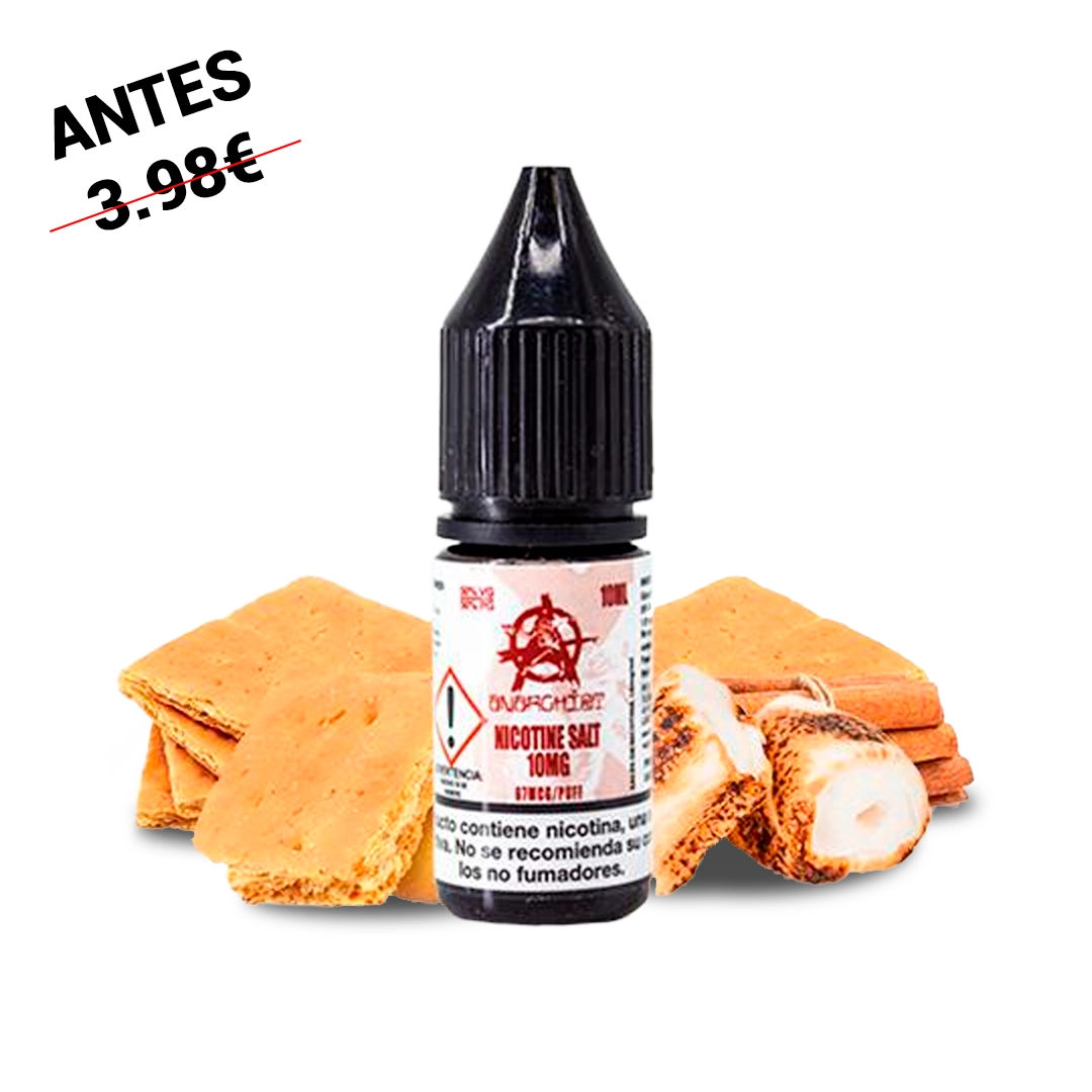 Frasco de Anarchist Salts White con tapón negro y etiqueta blanca y roja, acompañado de galletas y nubes tostadas sobre fondo blanco.