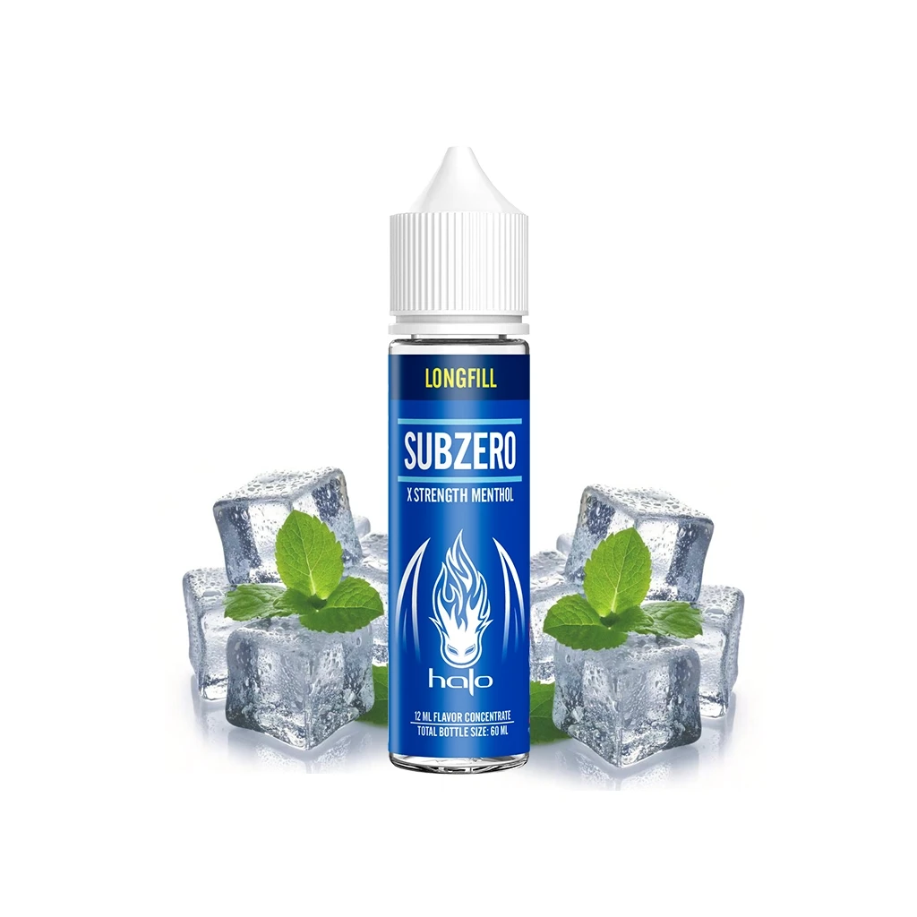 Frasco Halo Subzero Longfill con tapón blanco y etiqueta azul, rodeado de cubitos de hielo y hojas de menta sobre fondo blanco.