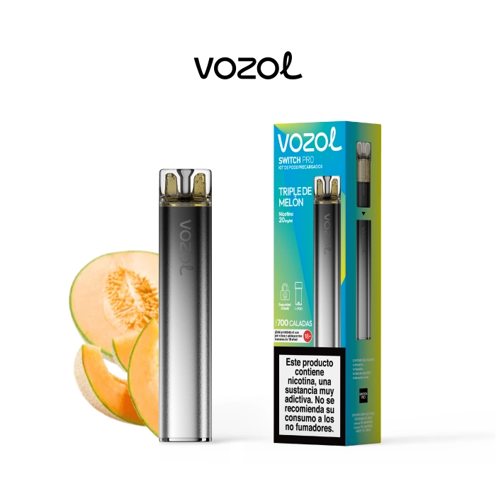 Vaporizador Vozol Switch Pro con cuerpo plateado y negro, junto a su caja Triple de Melón y rodajas de melón sobre fondo blanco.