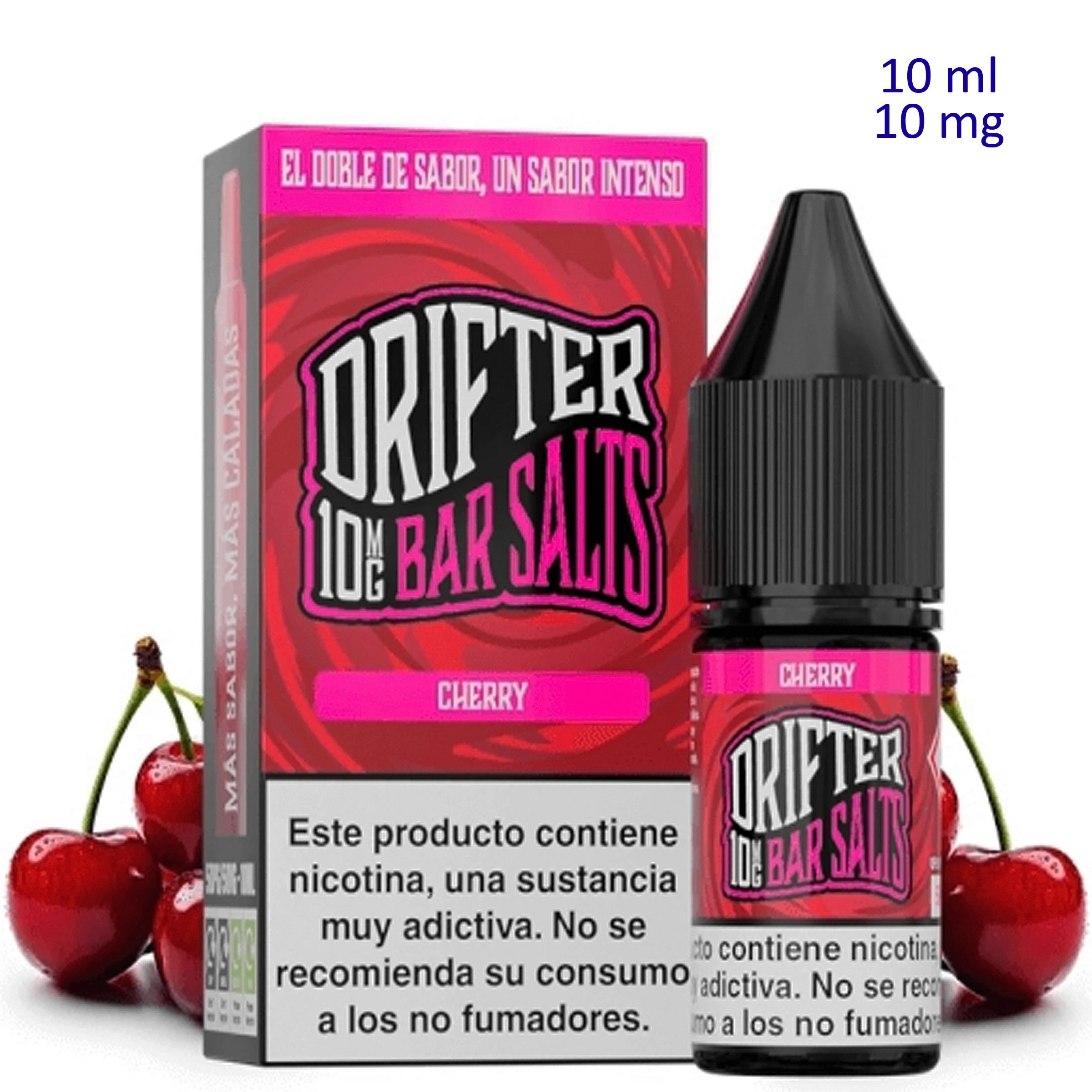 Drifter Bar Salts Cherry en caja roja y rosa y frasco con tapón negro, junto a cerezas; aparecen 10 ml, 10 mg y una advertencia sobre nicotina.