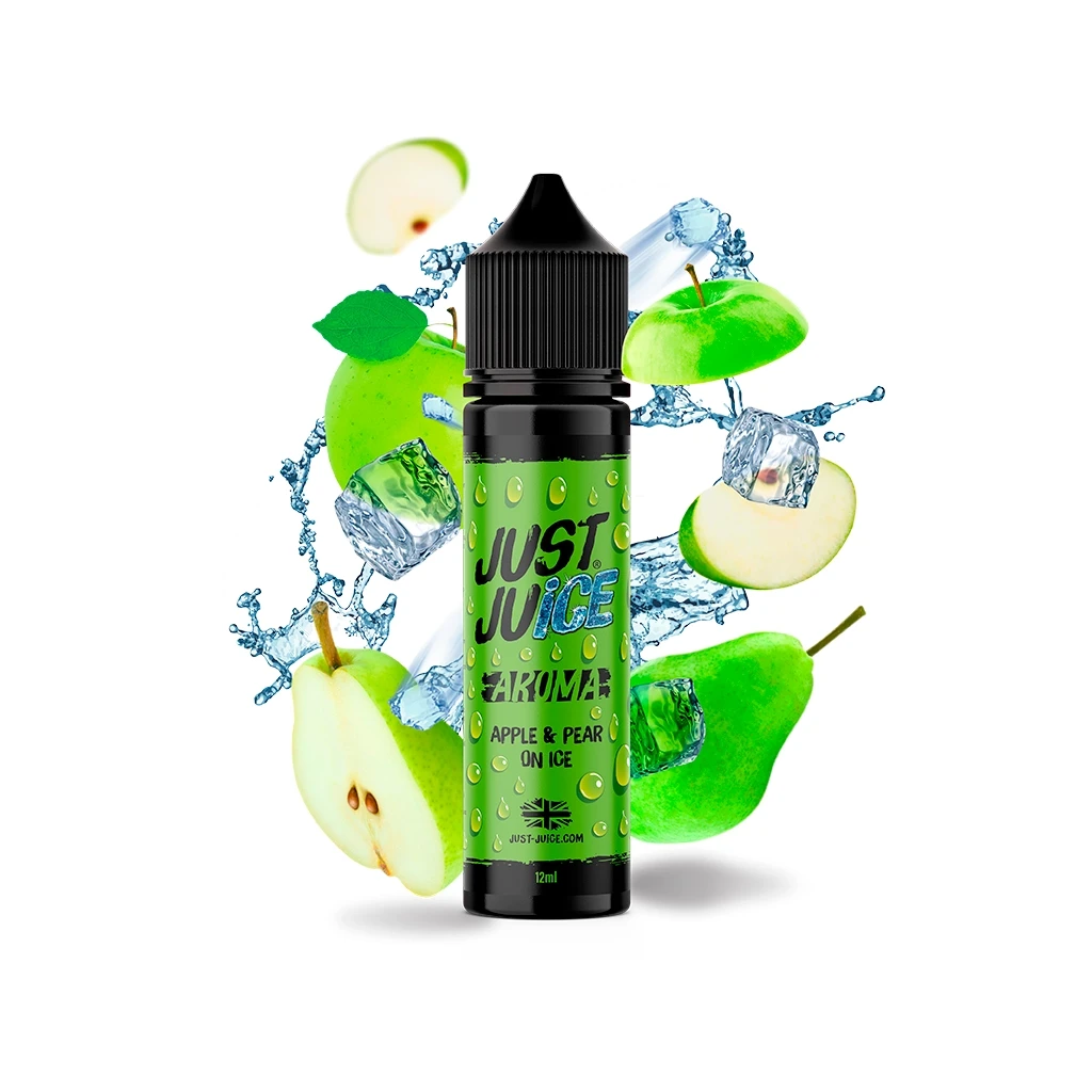 Frasco Just Juice Apple & Pear On Ice con etiqueta verde y tapón negro, rodeado de manzanas, peras, hielo y salpicaduras.
