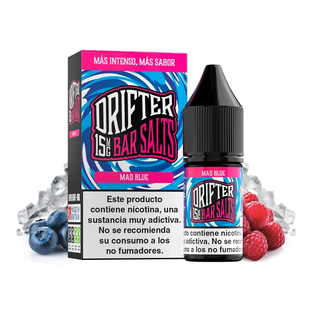 Frasco y caja Drifter Bar Salts Mad Blue con advertencia de nicotina, rodeados de arándanos, frambuesas y hielo.